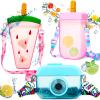 3 Pieces Cute Water Bottles with Straws Creative Kawaii Camera Shaped Ice Cream Bar Watermelon Adjustable Strap Plastic Water Bottle for Travel School Sport Kids (Fresh Style, Red, Pink, Blue) view 1