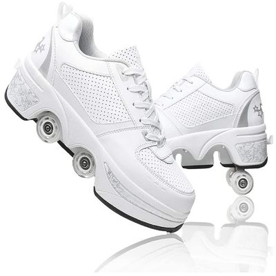Double-Row Deform Wheel Automatic Walking Shoes Invisible Deformation Roller Skate 2 in 1 Removable Pulley Skates Adult Children's Unisex Skating Shoes Recreation Sneakers
