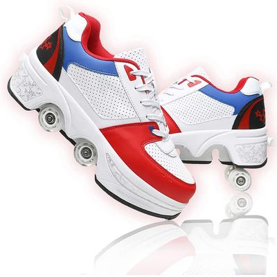LDRFSE Multifunctional Roller Skates Shoes Automatic Walking Shoes Invisible Pulley Shoes Skates with Double-Row Deform Wheel Outdoor Parkour Shoes for Girls Boys White Blue