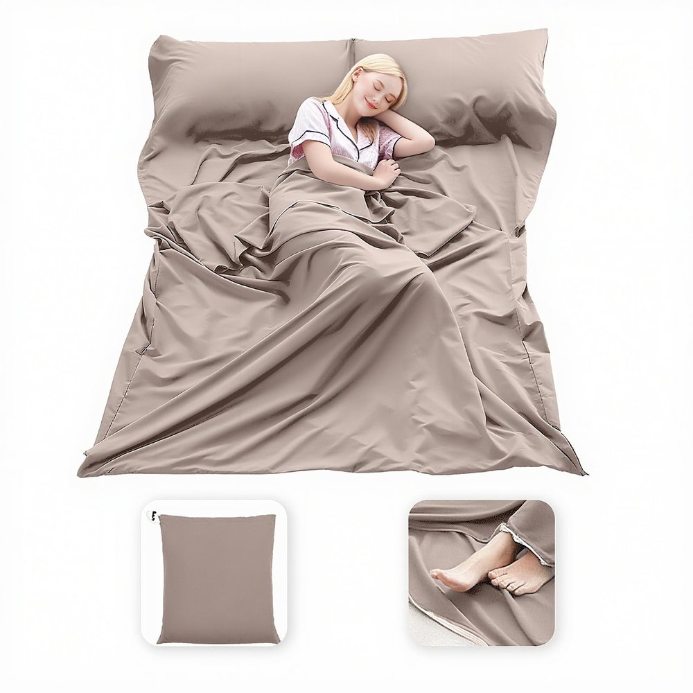MongByYa Sleeping Bag Liner Lightweight Compact Sleeping Bag Sack Portable Clean Travel Sheet Camping Sleep Sheet for Backpacking Hotel Hiking (Light Khaki, 82.7" X 63)