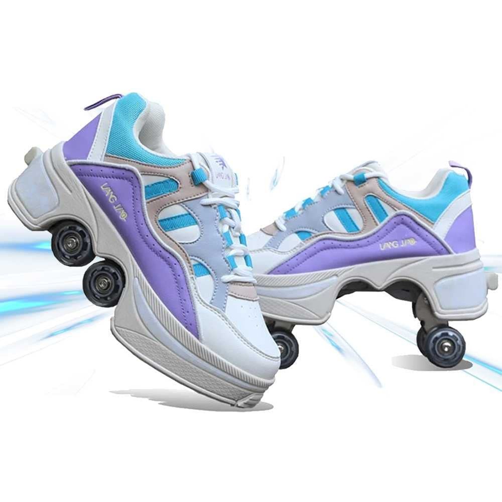 Double-Row Deform Wheel Automatic Walking Shoes Invisible Deformation Roller Skate 2 in 1 Removable Pulley Skates Adult Children's Unisex Skating Shoes Recreation Sneakers