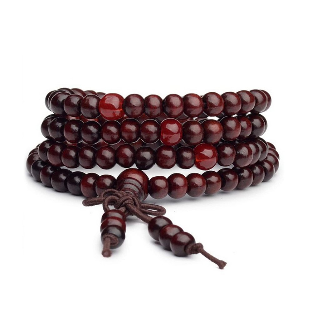108 Mala Wooden Bead Bracelet Necklace Elastic Wood Sandalwood Seed Buddhist Bracelet for Women Men Buddha Prayer Meditation Money Wealth Drawing Jewelry-G red