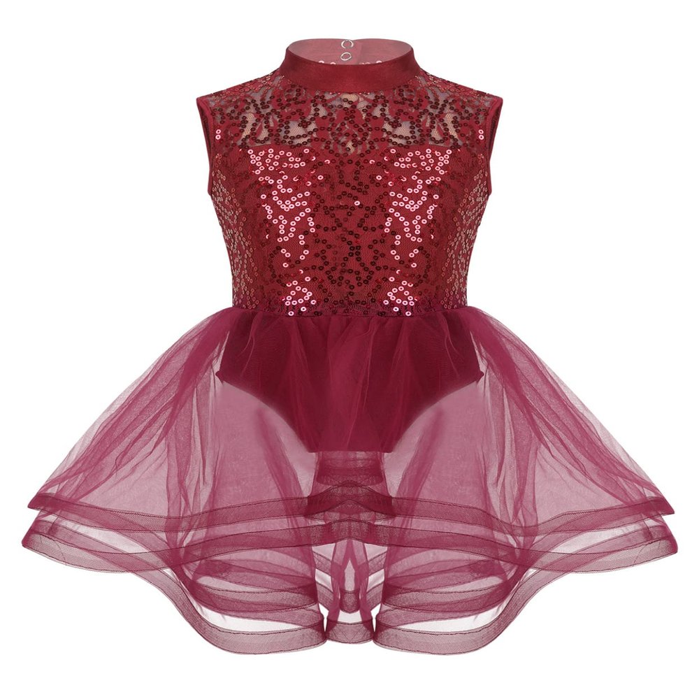 Moggemol Kids Girls Sequins Figure Ice Skating Dress Ballet Leotard Lyrical Dance Roller Skating Twirling Costume Burgundy Sequins 6 Years