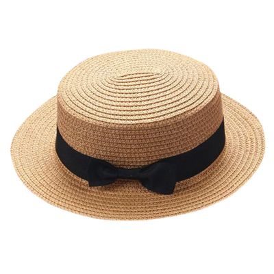 Baby Sun Hat Bowknot Straw Hat for Kids Wide Brim Boater Hat Foldable Breathable Flat Top Beach Hats UV Protection Khaki
