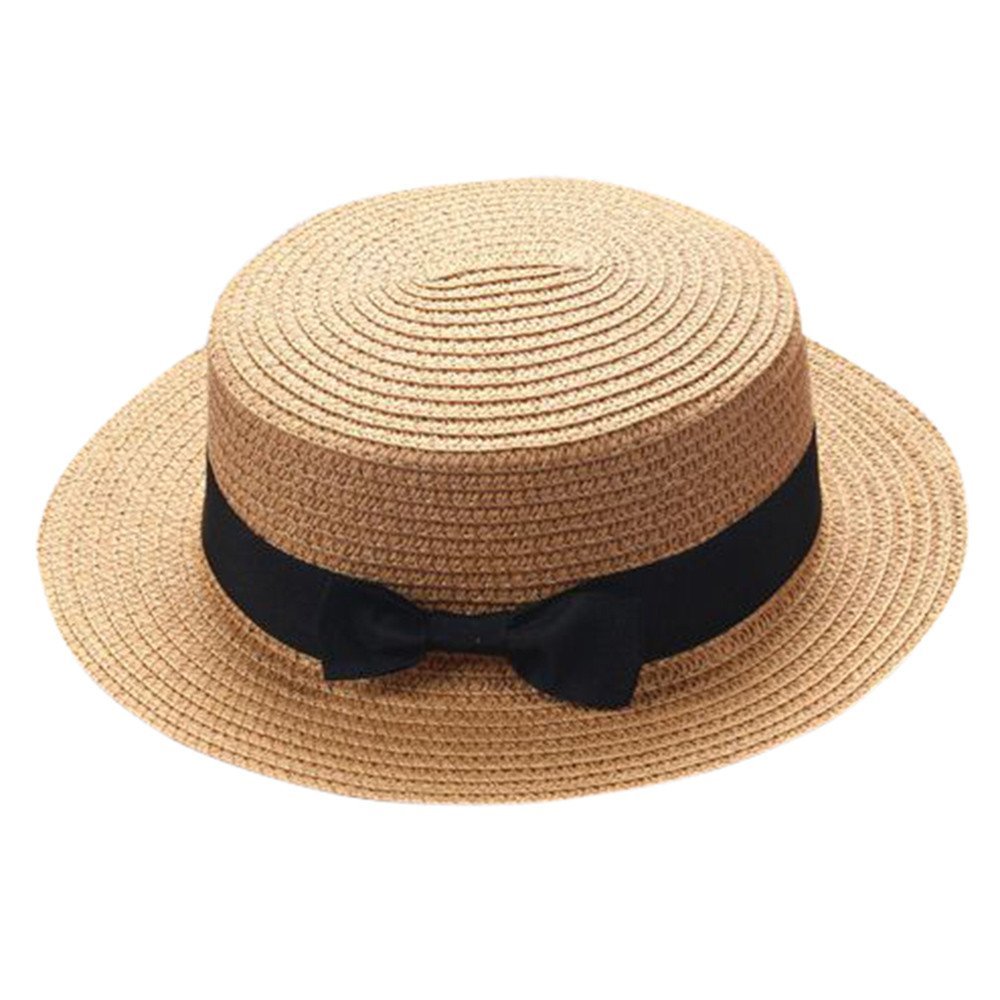 Baby Sun Hat Bowknot Straw Hat for Kids Wide Brim Boater Hat Foldable Breathable Flat Top Beach Hats UV Protection Khaki