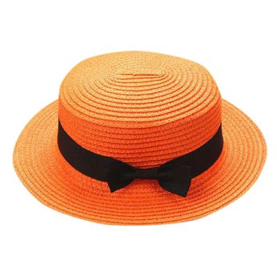 Baby Sun Hat Bowknot Straw Hat for Kids Wide Brim Boater Hat Foldable Breathable Flat Top Beach Hats UV Protection Orange