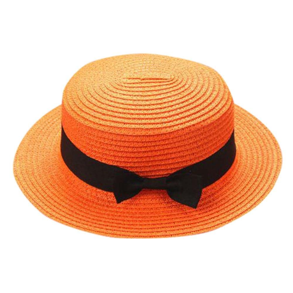 Baby Sun Hat Bowknot Straw Hat for Kids Wide Brim Boater Hat Foldable Breathable Flat Top Beach Hats UV Protection Orange