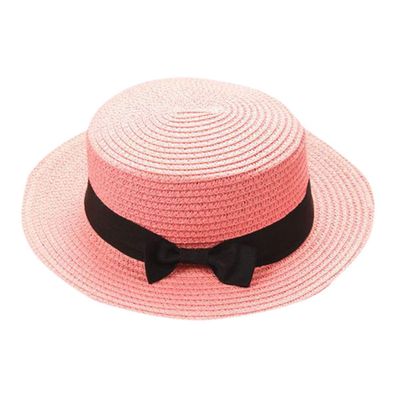 Baby Sun Hat Bowknot Straw Hat for Kids Wide Brim Boater Hat Foldable Breathable Flat Top Beach Hats UV Protection Pink