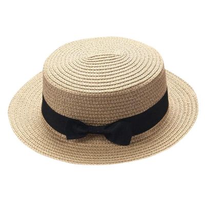 Baby Sun Hat Bowknot Straw Hat for Kids Wide Brim Boater Hat Foldable Breathable Flat Top Beach Hats UV Protection Beige