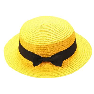 Baby Sun Hat Bowknot Straw Hat for Kids Wide Brim Boater Hat Foldable Breathable Flat Top Beach Hats UV Protection Yellow