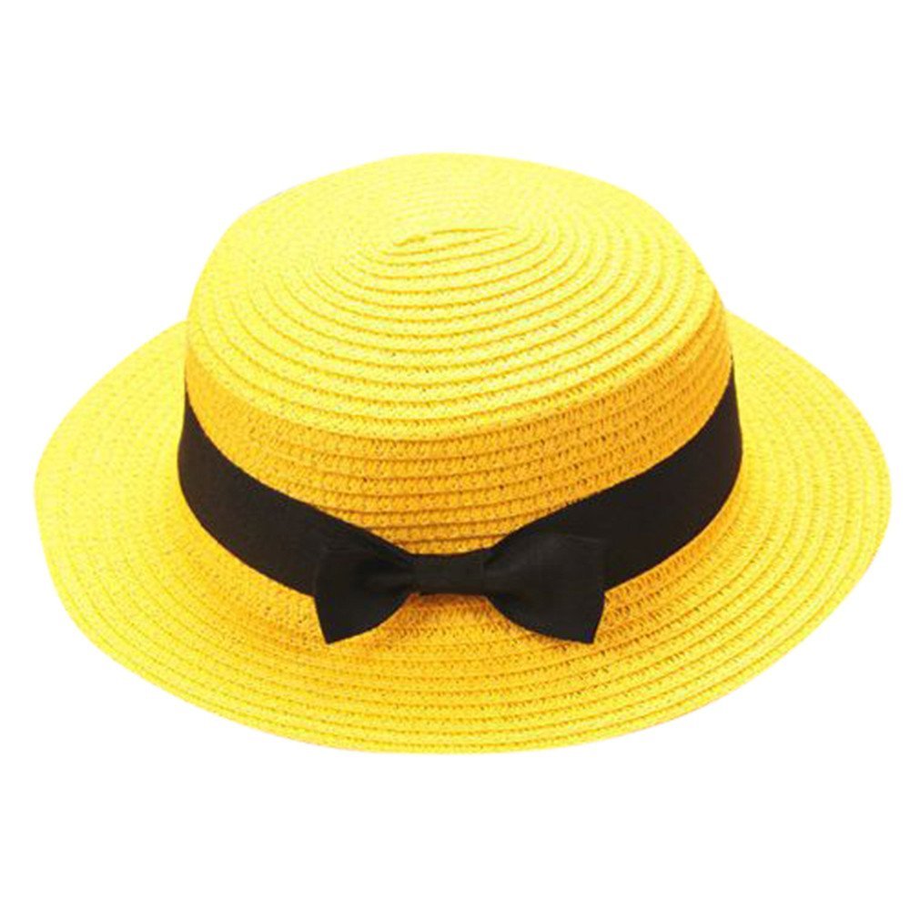 Baby Sun Hat Bowknot Straw Hat for Kids Wide Brim Boater Hat Foldable Breathable Flat Top Beach Hats UV Protection Yellow