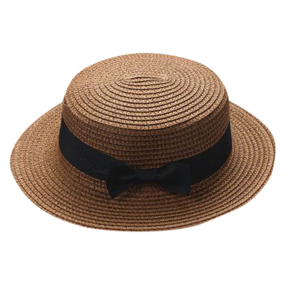 Baby Sun Hat Bowknot Straw Hat for Kids Wide Brim Boater Hat Foldable Breathable Flat Top Beach Hats UV Protection Coffee