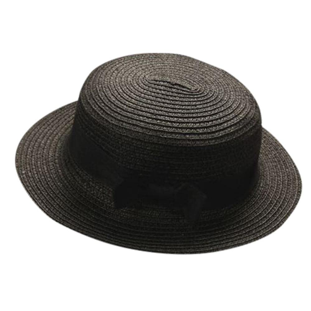Baby Sun Hat Bowknot Straw Hat for Kids Wide Brim Boater Hat Foldable Breathable Flat Top Beach Hats UV Protection Black