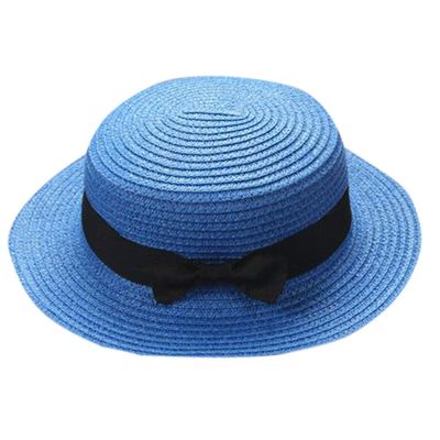 Baby Sun Hat Bowknot Straw Hat for Kids Wide Brim Boater Hat Foldable Breathable Flat Top Beach Hats UV Protection Dark Blue