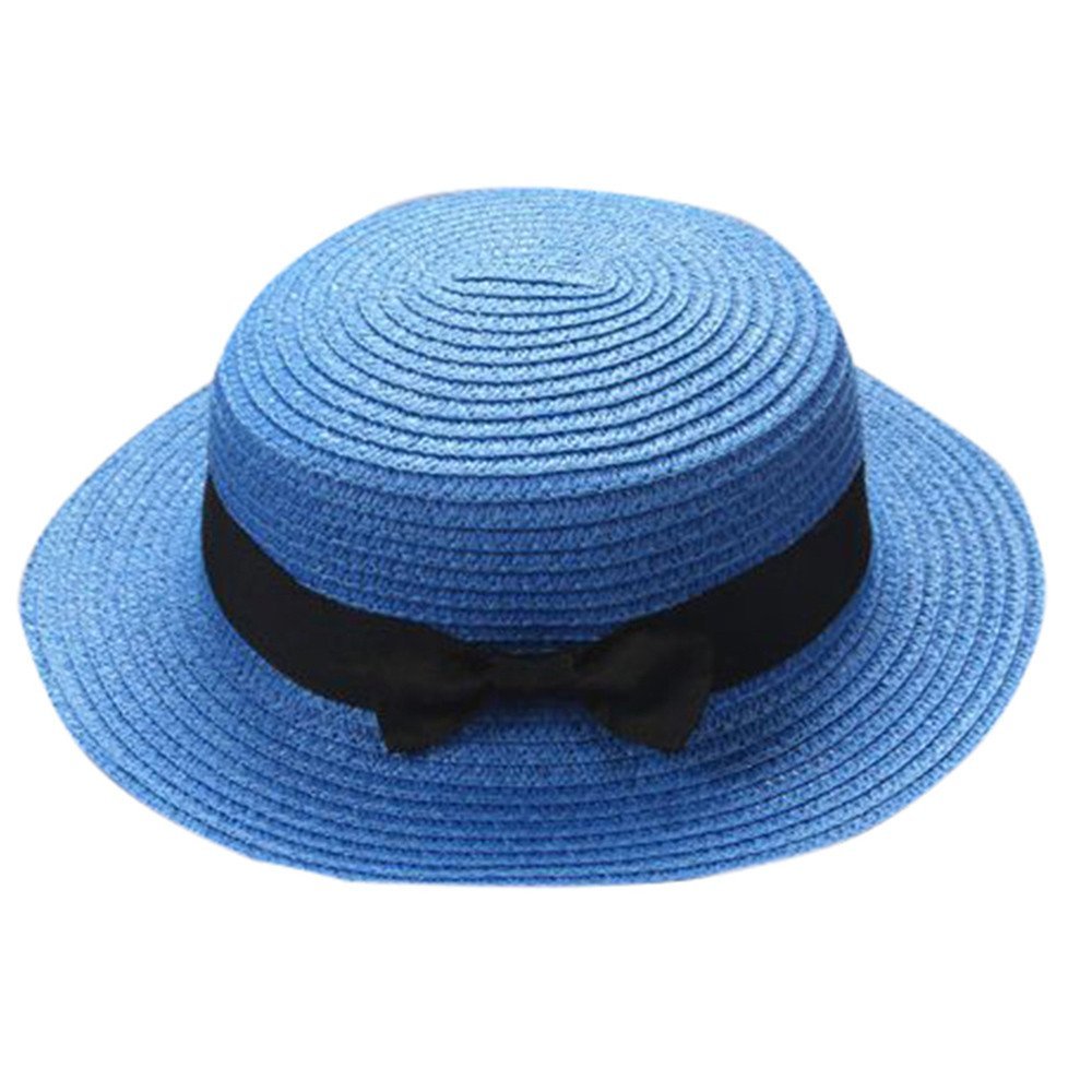Baby Sun Hat Bowknot Straw Hat for Kids Wide Brim Boater Hat Foldable Breathable Flat Top Beach Hats UV Protection Dark Blue