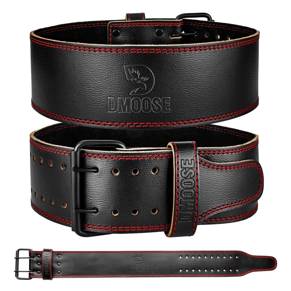 DMoose weightlifting belts for men Genuine Leather for Men and Women, 4 Inch Wide, Adjustable Buckle, 5MM Thick for Weightlifting, Workout, Gym, Squat, Deadlift, Great Lower Back Support (Black/Red L)