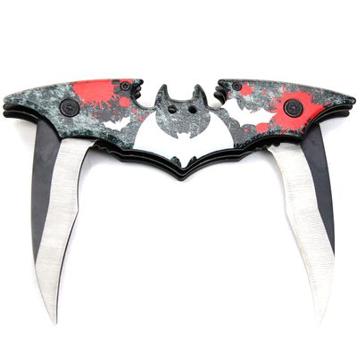 Kii Dark Twin Blade BAT Knife - Double Edge Folding Pocket with clip, 11" Stainless Steel Tactical Two Sharp Cut Spring Assisted Blade (Black & White Bats)