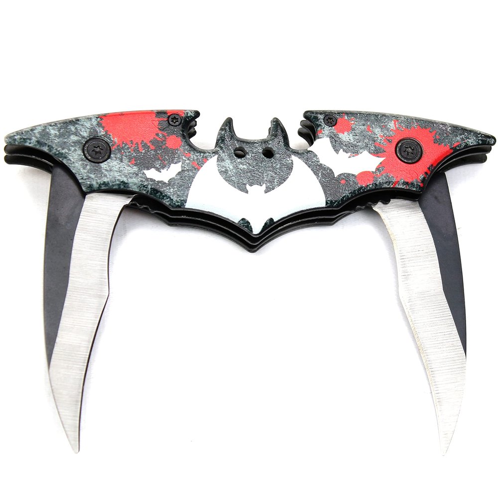 Kii Dark Twin Blade BAT Knife - Double Edge Folding Pocket with clip, 11" Stainless Steel Tactical Two Sharp Cut Spring Assisted Blade (Black & White Bats)
