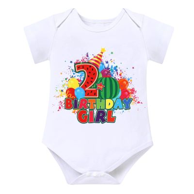 Watermelon 2nd Birthday Girl Romper for Baby Girls Rainbow Cake Smash Outfit Summer Short Sleeve Cotton Bodysuit Clothes for Tutu Skirt Set 2 Years