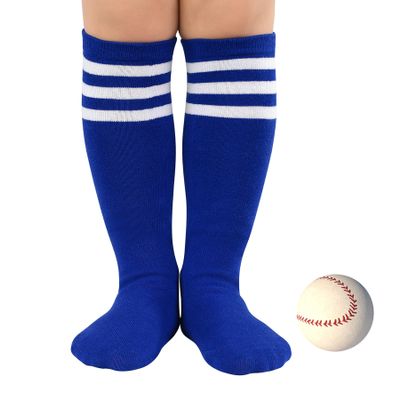 Zando Kid Soccer Socks Three Stripe Knee High Youth Softball Baseball Tube Compression Athletic Socks Children Halloween Cosplay for Boys Baby Girls Stockings 1 Pairs Blue White 4-6 Years