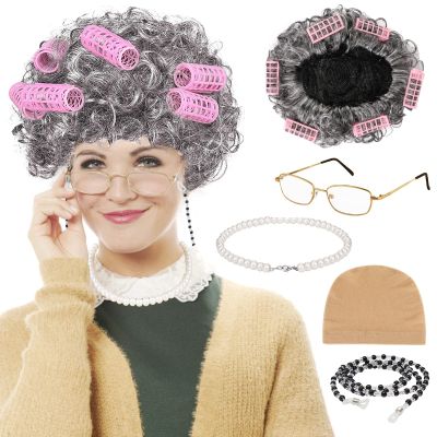 PHOGARY Old Lady Costume Set, Old Lady Set Granny Wig with Hair Rollers, Wig Cap, Grandma Glasses, Eyeglass Chain, Pearl Necklace Grandmother Dress Up Accessories for Dress Up Party Halloween Cosplay