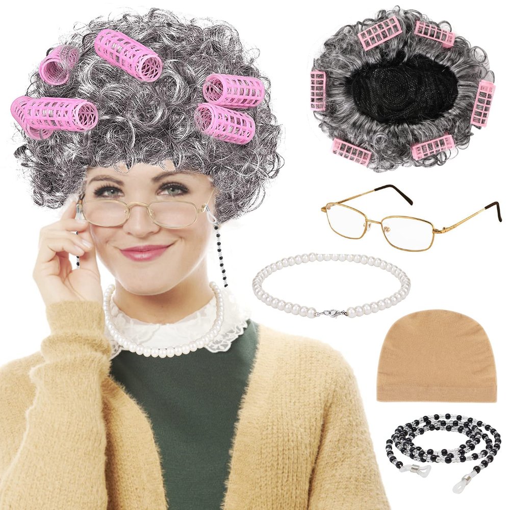 PHOGARY Old Lady Costume Set, Old Lady Set Granny Wig with Hair Rollers, Wig Cap, Grandma Glasses, Eyeglass Chain, Pearl Necklace Grandmother Dress Up Accessories for Dress Up Party Halloween Cosplay