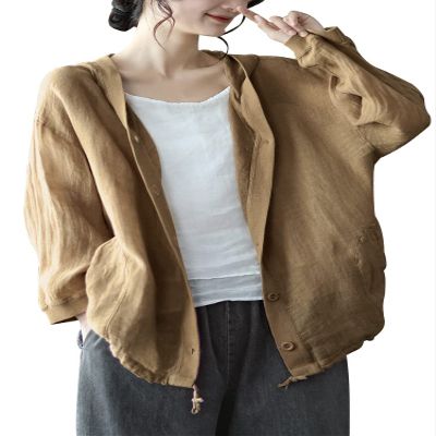 chouyatou Women's Spring Summer Oversized Button Down Hooded Linen Shirt Jacket Top (Medium, Yellow)