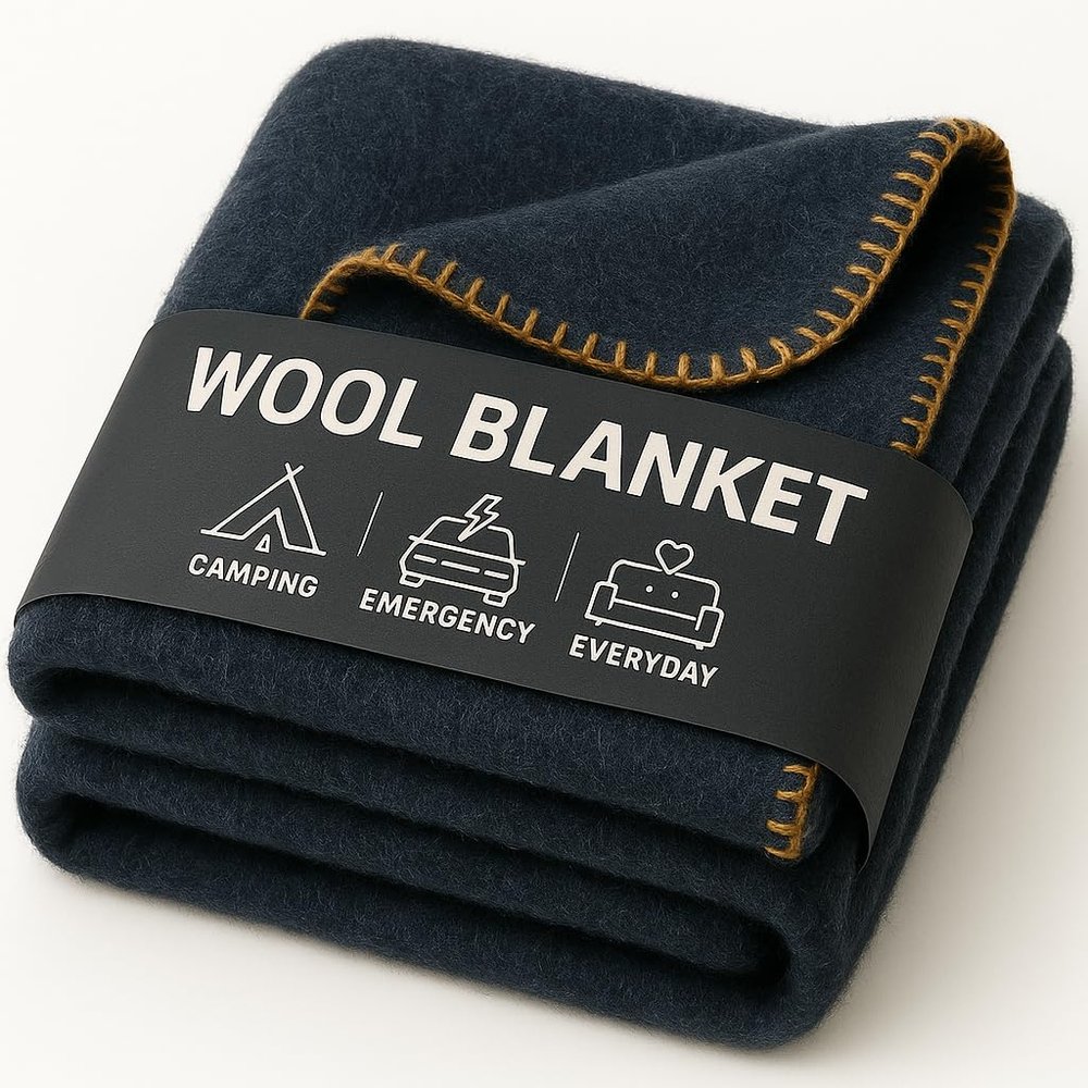Wool Camping Blanket  70% Wool Heavy-Duty Military Style Throw, Warm & Washable, Fire Retardant Cover for Emergency, Survival & Outdoor Use  Perfect for Camping, Car, Home & Hiking, Navy 62x84