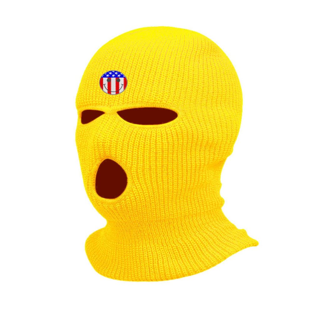USA Flag Ski Mask Smiley Face Embroidered Three Hole Mask Knit Happy Graphic Balaclava (Yellow)
