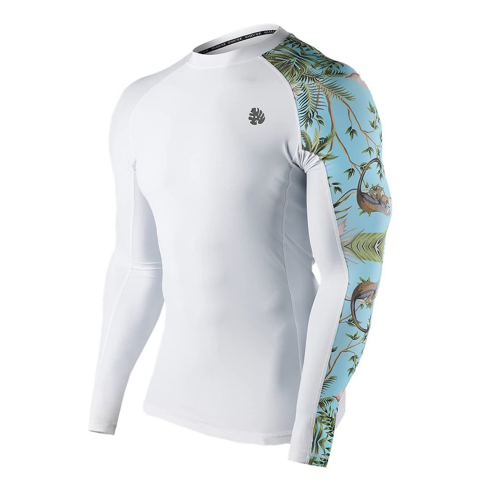 ADOREISM Men's Splice Compression Long Sleeve Rash Guard Surf Swim Shirt UV Sun Protection UPF 50+ (White Forest,S)
