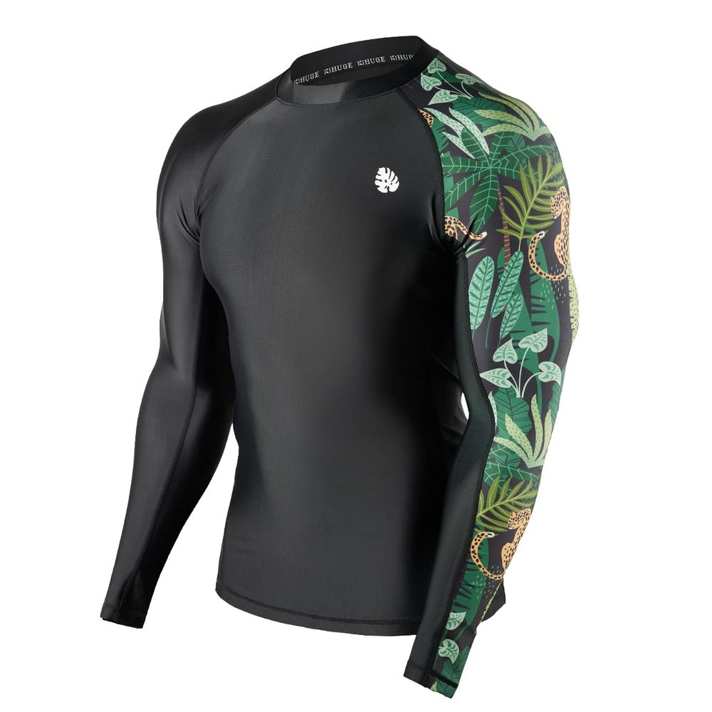 ADOREISM Men's Splice Compression Long Sleeve Rash Guard Surf Swim Shirt UV Sun Protection UPF 50+ (Black Leopard,S)
