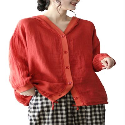 chouyatou Women's Spring Summer Oversized Button Down Hooded Linen Shirt Jacket Top (Medium, Red)
