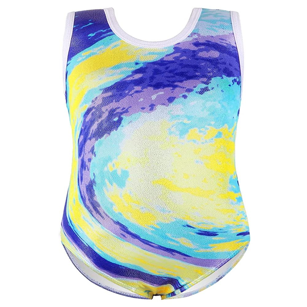 EQSJIU Gymnastics Leotards for Girls Swirl Oil Painting Tie Dye 18 24 month 2t 3t One-Piece Outfit Sparkly Shiny Ballet Dance Yellow Blue
