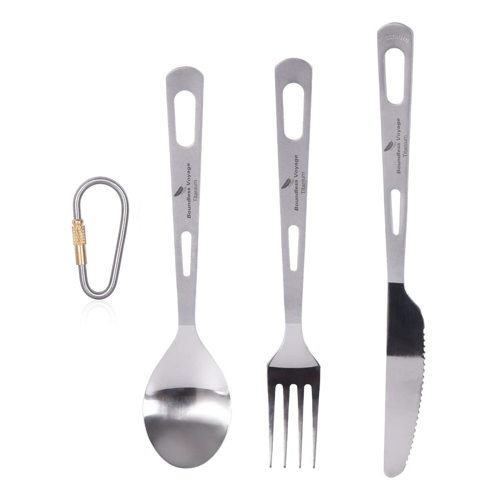 Boundless Voyage Titanium 3-Piece Cutlery Set Flatware Spoon Fork Knife Ultralight Portable Titanium Utensils Tableware for Home Use Travel Outdoor
