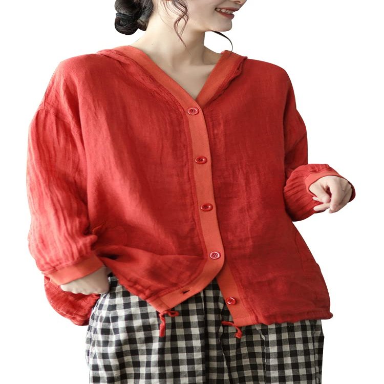 chouyatou Women's Spring Summer Oversized Button Down Hooded Linen Shirt Jacket Top (Large, Red)