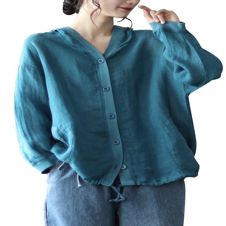 chouyatou Women's Spring Summer Oversized Button Down Hooded Linen Shirt Jacket Top (Small, Blue)