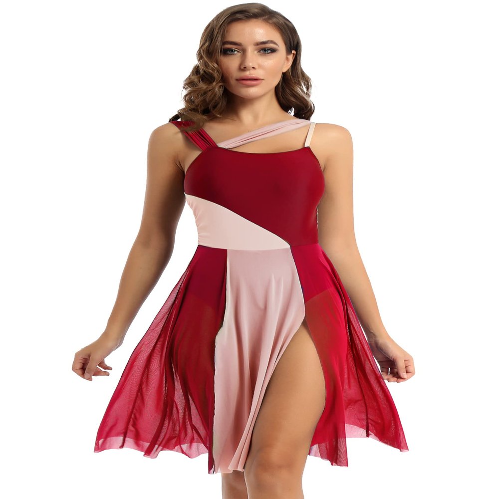 Hularka Women's Lyrical Modern Dance Color Block Ballet Leotard Dress for Dance Competition Costume Burgundy Small