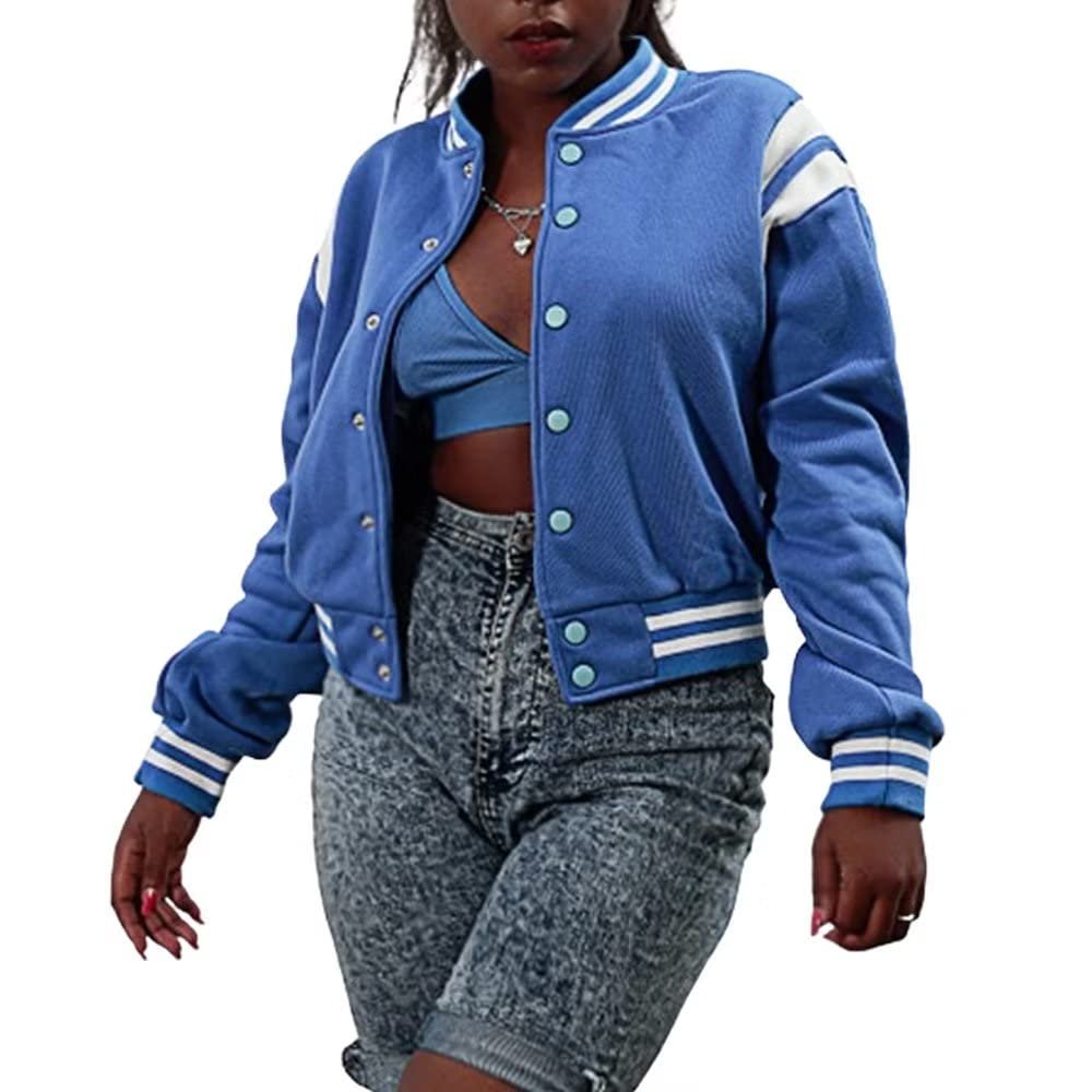 babyhealthy Womens Crop Varsity Jacket Button Down Bomber Baseball Jacket Streetwear Short Coat Blue