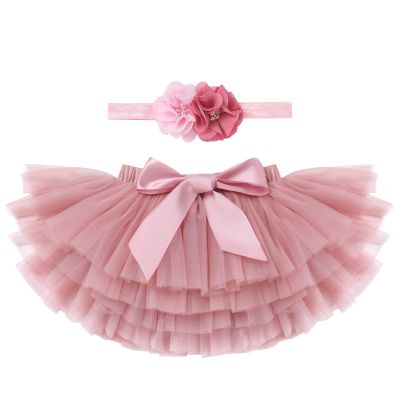 Baby Girls Tutu Skirt with Diaper Cover Toddler Girl Tulle Bloomers Tutu Skirt Sets with Flower Headband Infant Tutu for Baby Girl 1st Birthday Cake Smash Outfit for Photo Prop Dusty Pink 0-6 Months