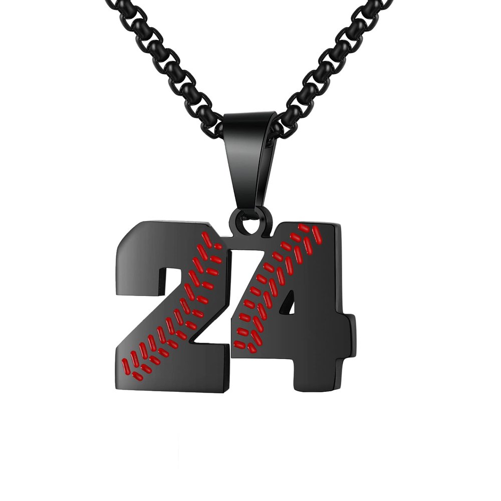 AIAINAGI Baseball 00-99 Jersey Number Necklace in Stainless Steel Chain Baseball Charm Pendant, Personalized Gift for Men(24)