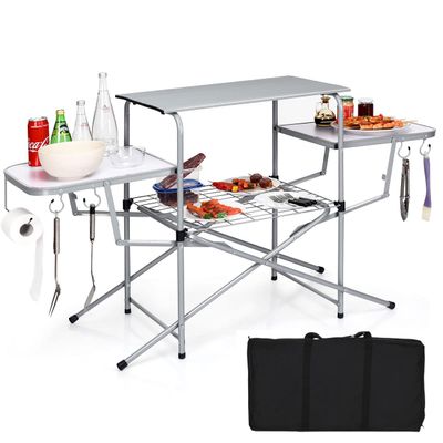 Tangkula Folding Grill Table, Aluminum Camping Kitchen Table with Cook Station, Hooks, Portable Camp Cook Table with Storage Organizer Shelves, Carrying Bag, Ideal for Picnic, BBQ, Party, Outdoor