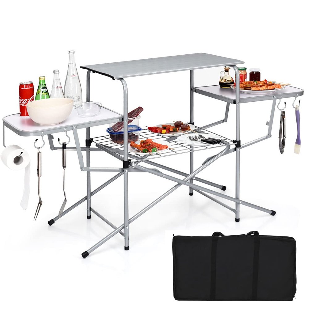 Tangkula Folding Grill Table, Aluminum Camping Kitchen Table with Cook Station, Hooks, Portable Camp Cook Table with Storage Organizer Shelves, Carrying Bag, Ideal for Picnic, BBQ, Party, Outdoor