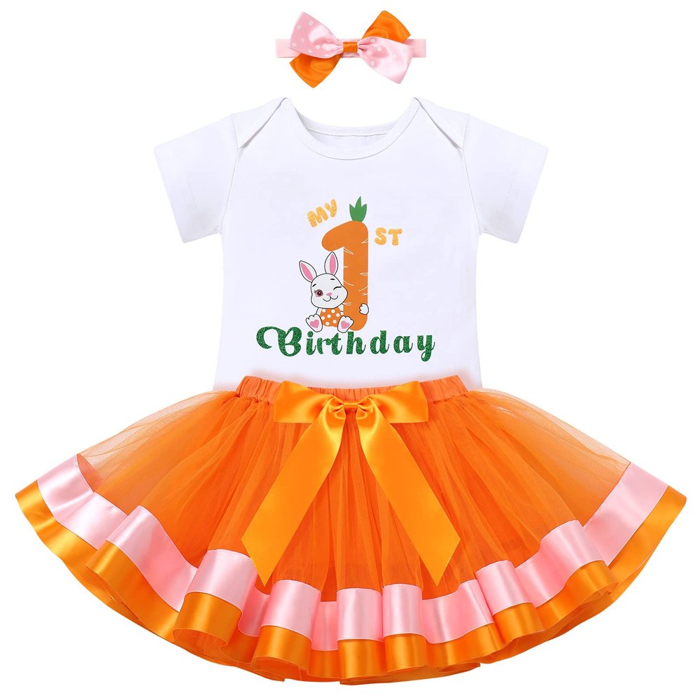 Baby Girl Bunny First 1st Birthday Outfit One Year Old Party Cake Smash Set Cotton Short Sleeve Romper Tutu Tulle Skirt Bowknot Headband 3pcs Set Easter Party Photo Shooting Props Carrot Bunny 1 Year