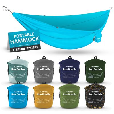 KAMMOK: Roo Double Hammock | Made from Strong & 100% Recycled Water Resistant Ripstop Fabric | Comfortable, Packable, Lightweight (Lifetime Adventure Grade Warranty), Sky Blue