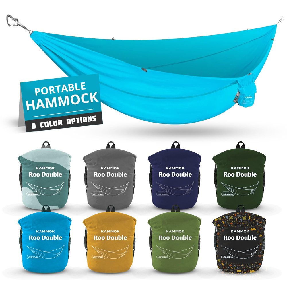 KAMMOK: Roo Double Hammock | Made from Strong & 100% Recycled Water Resistant Ripstop Fabric | Comfortable, Packable, Lightweight (Lifetime Adventure Grade Warranty), Sky Blue