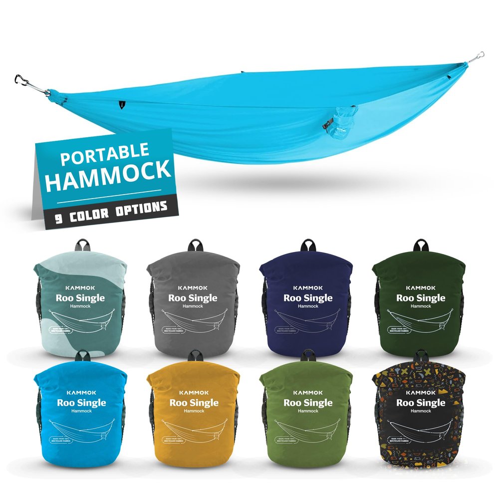 KAMMOK: Roo Single Hammock | Made from Strong & 100% Recycled Water Resistant Ripstop Fabric | Comfortable, Packable, Lightweight (Lifetime Adventure Grade Warranty), Sky Blue