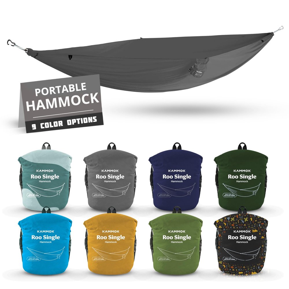 KAMMOK: Roo Single Hammock | Made from Strong & 100% Recycled Water Resistant Ripstop Fabric | Comfortable, Packable, Lightweight (Lifetime Adventure Grade Warranty), Granite Gray