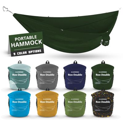 KAMMOK: Roo Double Hammock | Made from Strong & 100% Recycled Water Resistant Ripstop Fabric | Comfortable, Packable, Lightweight (Lifetime Adventure Grade Warranty), Pine Green