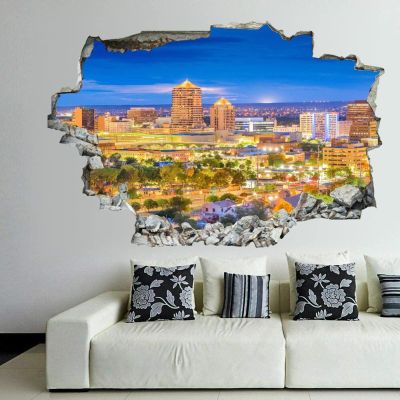 3D Broken Wall Stickers Stickers Albuquerque, New Mexico, USA Downtown Cityscape at 2 36 x 24 Inch Removable Wall Decal, Peel and Stick Landscape Wall Decor for Bedroom Living Room, Mural Art for