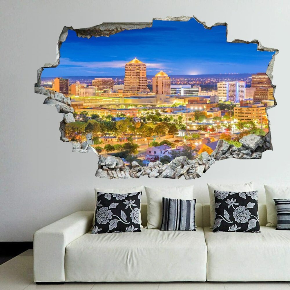 3D Broken Wall Stickers Stickers Albuquerque, New Mexico, USA Downtown Cityscape at 2 36 x 24 Inch Removable Wall Decal, Peel and Stick Landscape Wall Decor for Bedroom Living Room, Mural Art for